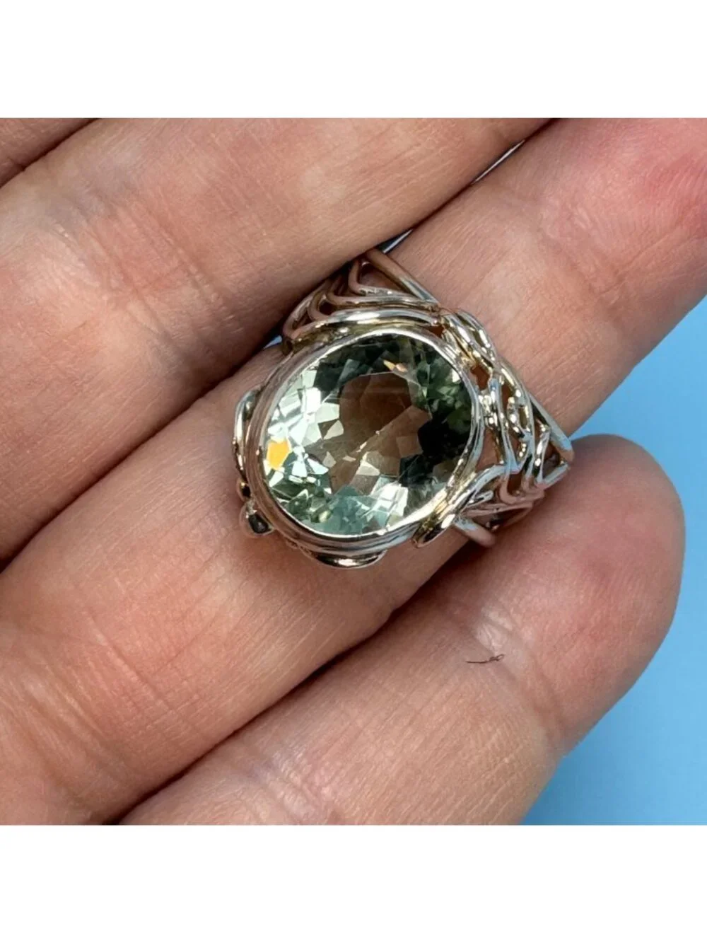 Handmade Topaz Bezel Set Filigree Design Band Sterling Silver 925 Ring Size 6.75 - Picture 5 of 11